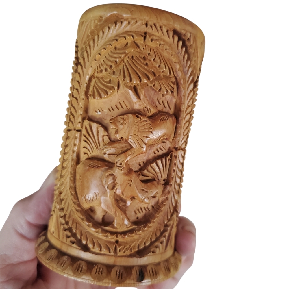 Vintage Hand-Carved Wooden Pen Holder - African Wildlife & Jungle Scene - Picture 2 of 8
